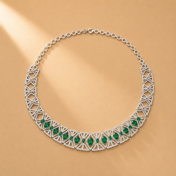 925 Sterling Silver Emerald Green Stone with Moissanite & Quartz Statement Necklace