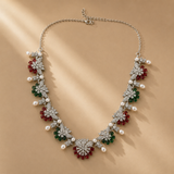 925 Sterling Silver Floral Ruby & Green Stone Necklace For Women
