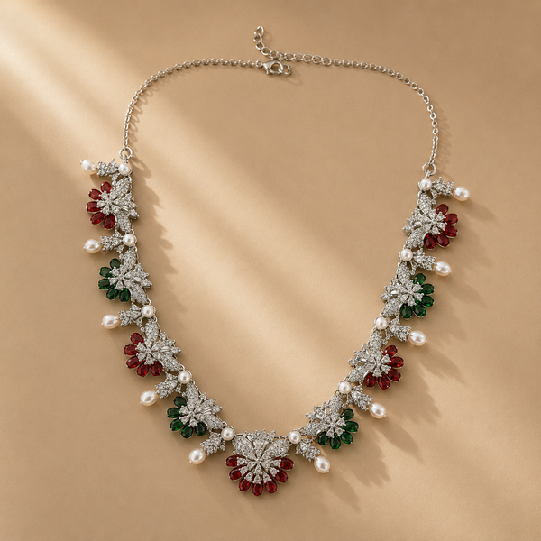 925 Sterling Silver Floral Ruby & Green Stone Necklace For Women