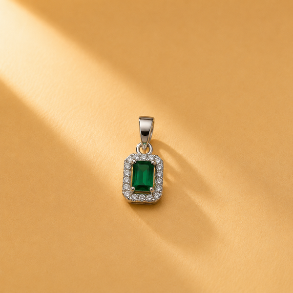 925 Sterling Silver Green Emerald-Style with Moissanite Halo Chain Pendant for Women
