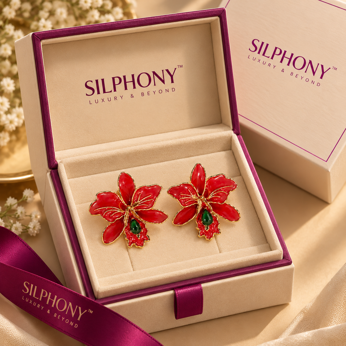 925 Sterling Silver Red Floral Drop Earrings For Women