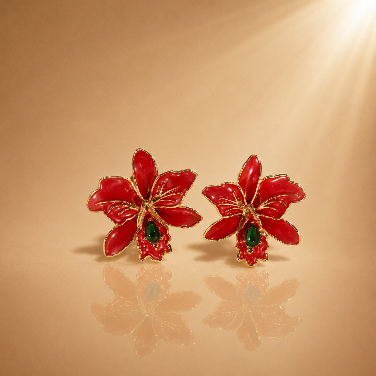 Red Floral Enamel Orchid-Inspired Drop Earrings