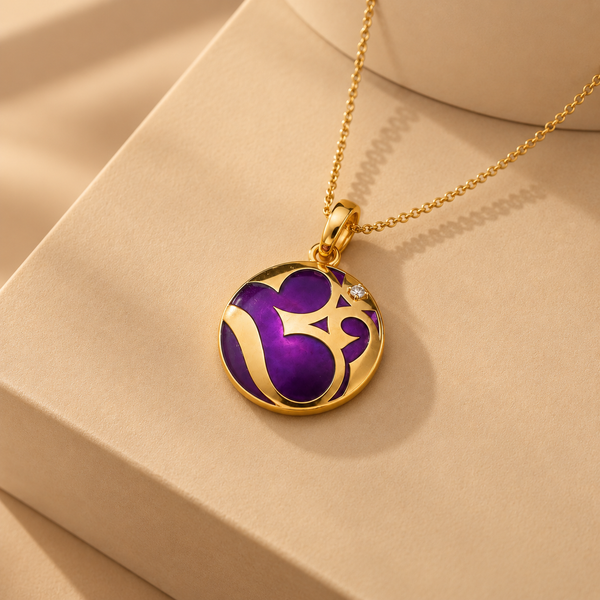 Purple Enamel 925 Sterling Silver Om Pendant with Moissanite for Gift | Hindu Spiritual Symbol Necklace Charm |