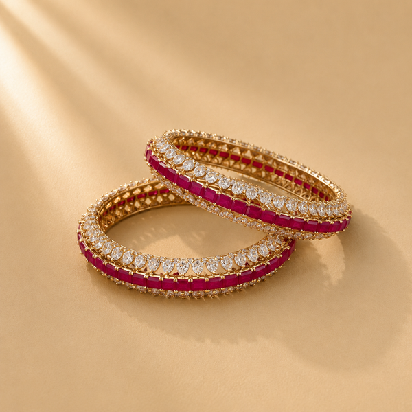 925 Sterling Silver Ruby & Moissanite Designer Bangle Set