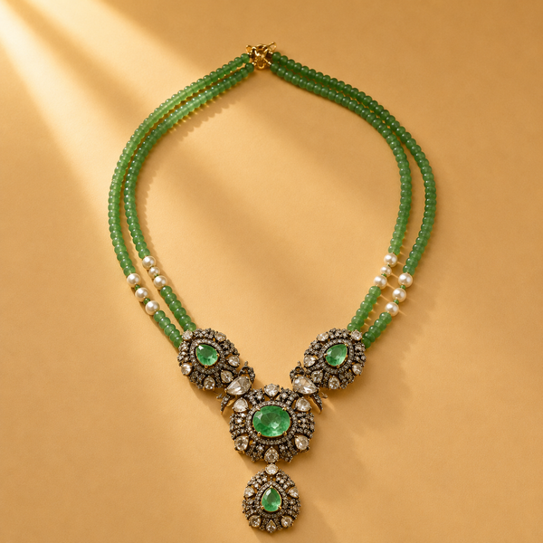 925 Sterling Silver Green Beaded Polki & Moissanite Designer Statement Necklace