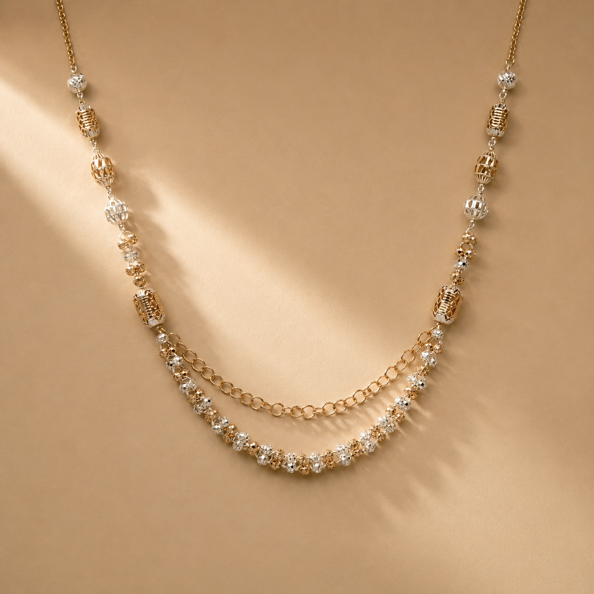 925 Sterling Silver Layered Intricate Beaded Two-Tone Necklace