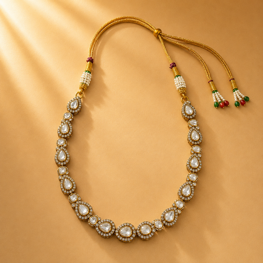 925 Sterling Silver Polki & Moissanite Teardrop Link Necklace