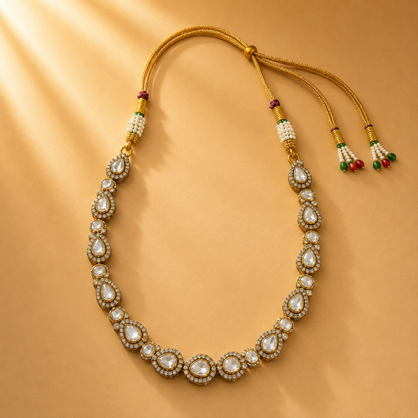 925 Sterling Silver Polki & Moissanite Teardrop Link Necklace