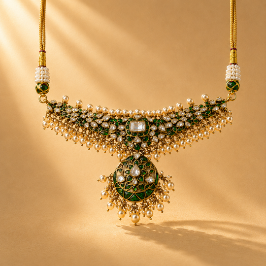 925 Sterling Silver Green Polki & Moissanite Designer Statement Bridal Necklace