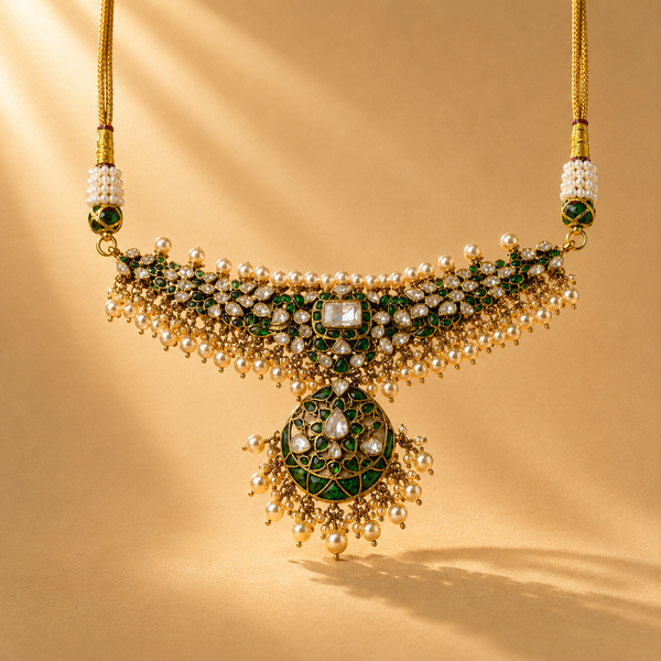 925 Sterling Silver Green Polki & Moissanite Designer Statement Bridal Necklace