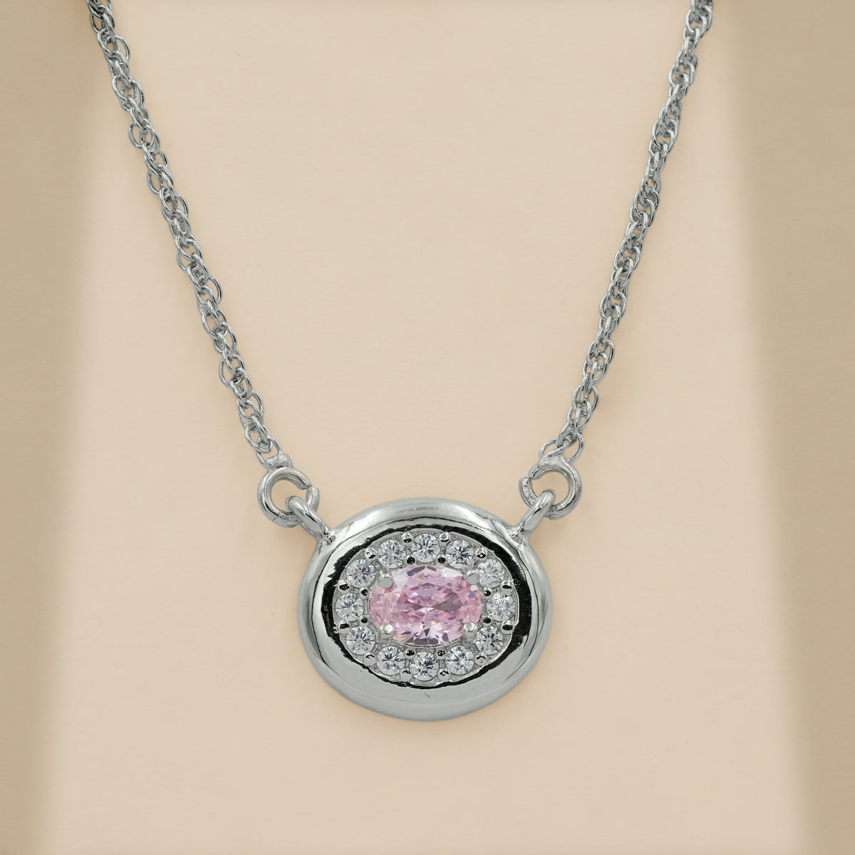 925 Sterling Silver Pink Quartz with Moissanite Halo Chain Pendant for Women