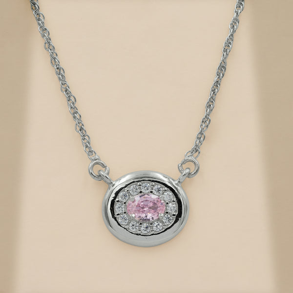 925 Sterling Silver Pink Quartz with Moissanite Halo Chain Pendant for Women