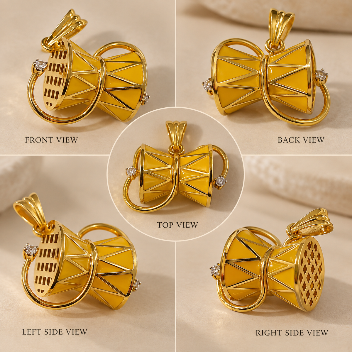 Traditional Yellow Enamel Damru Pendant Gold Plated Mahadev Spiritual Charm
