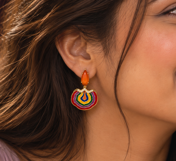 Rainbow Fan with Orange Accent Drop Earrings
