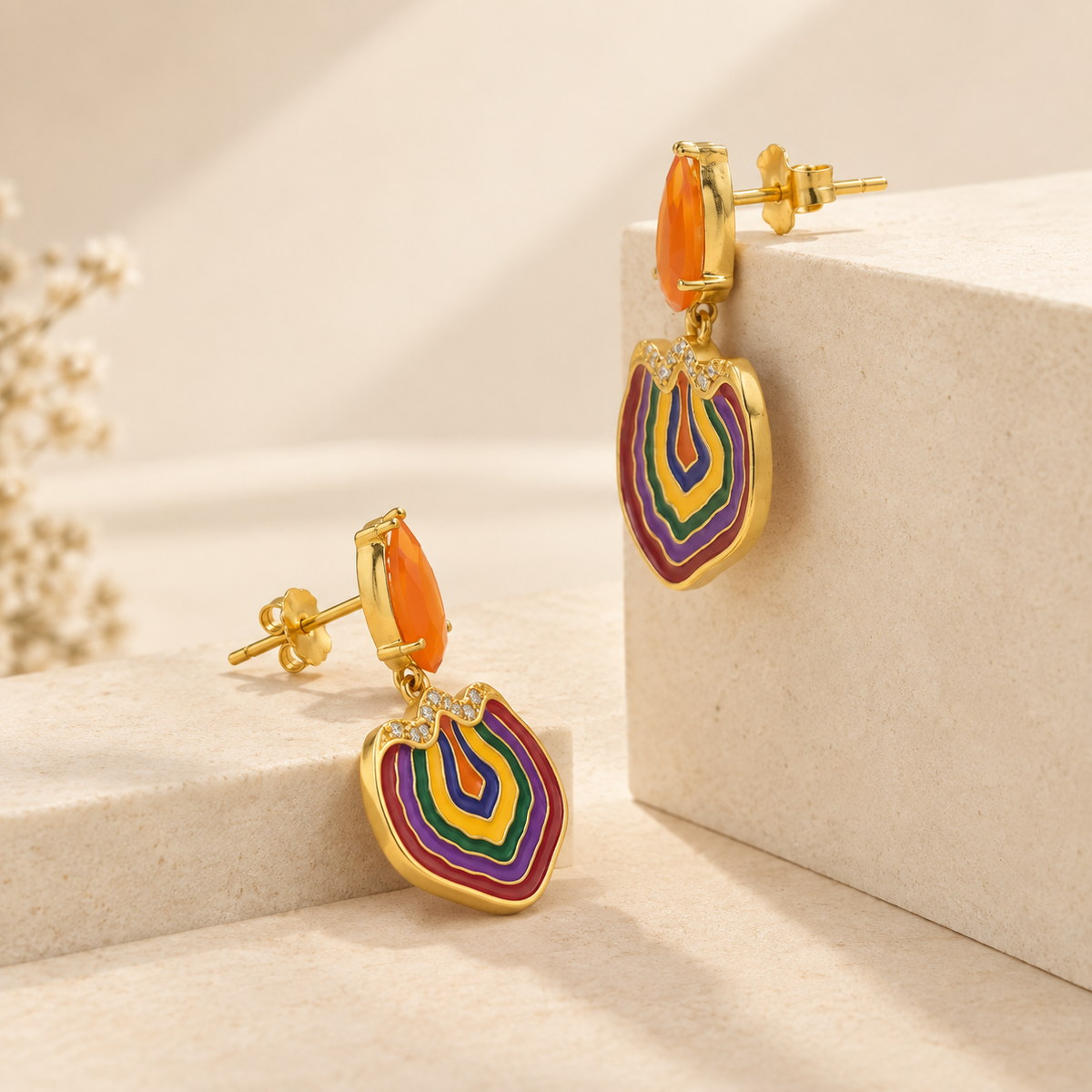 925 Silver Multicolor Statement Enamel Dangle Earrings