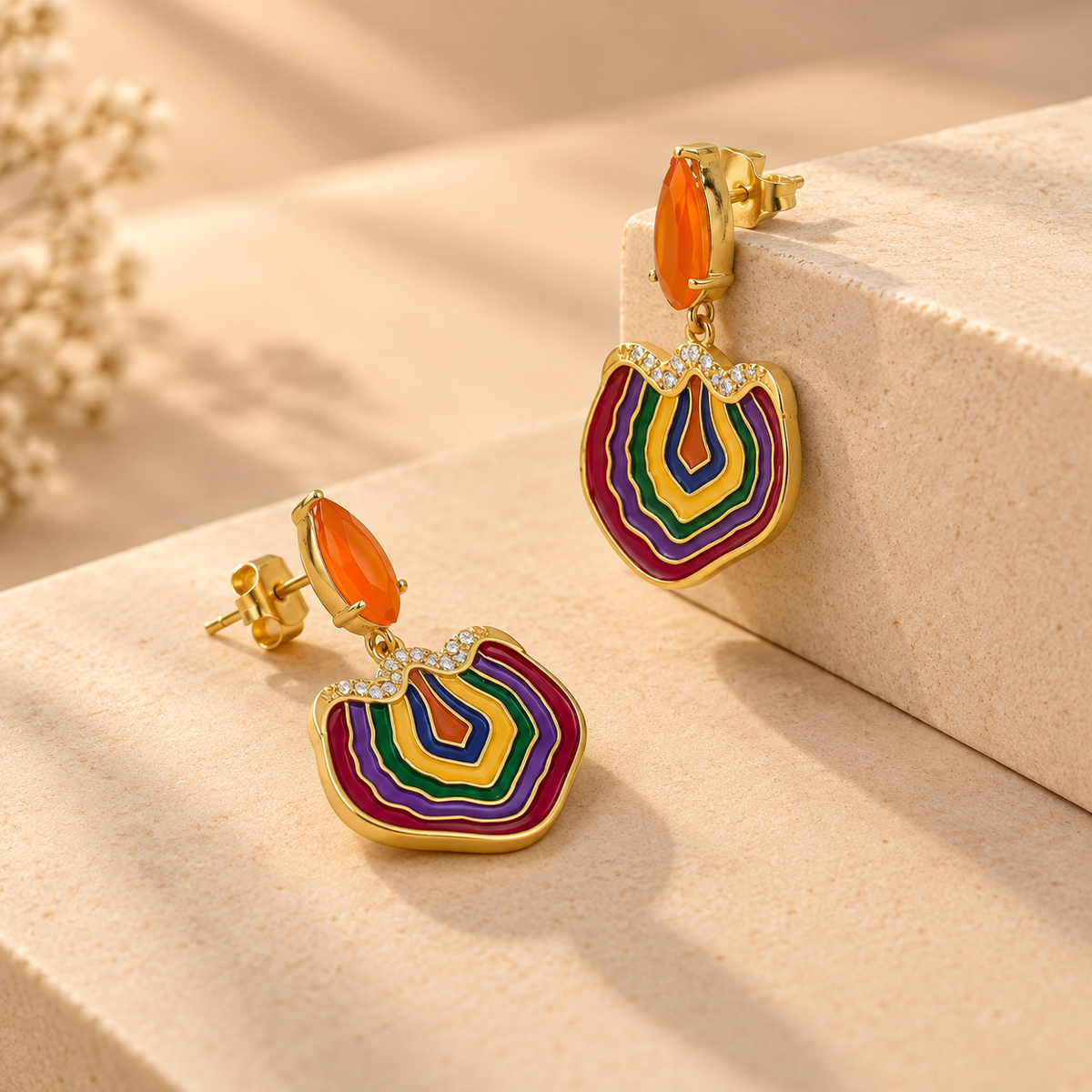 925 Silver Multicolor Statement Enamel Dangle Earrings