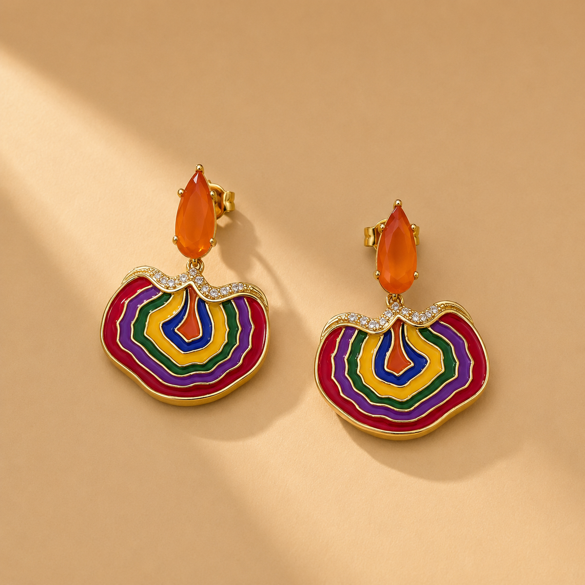 Rainbow Fan with Orange Accent Drop Earrings