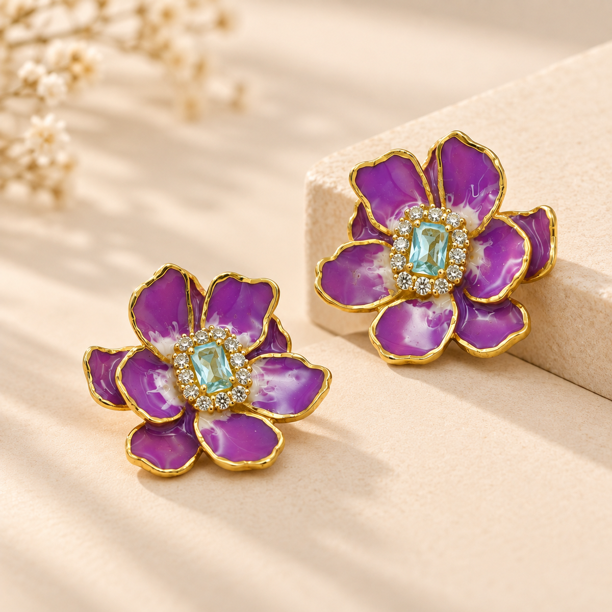 925 Silver Purple Flower Stud Earrings for Women