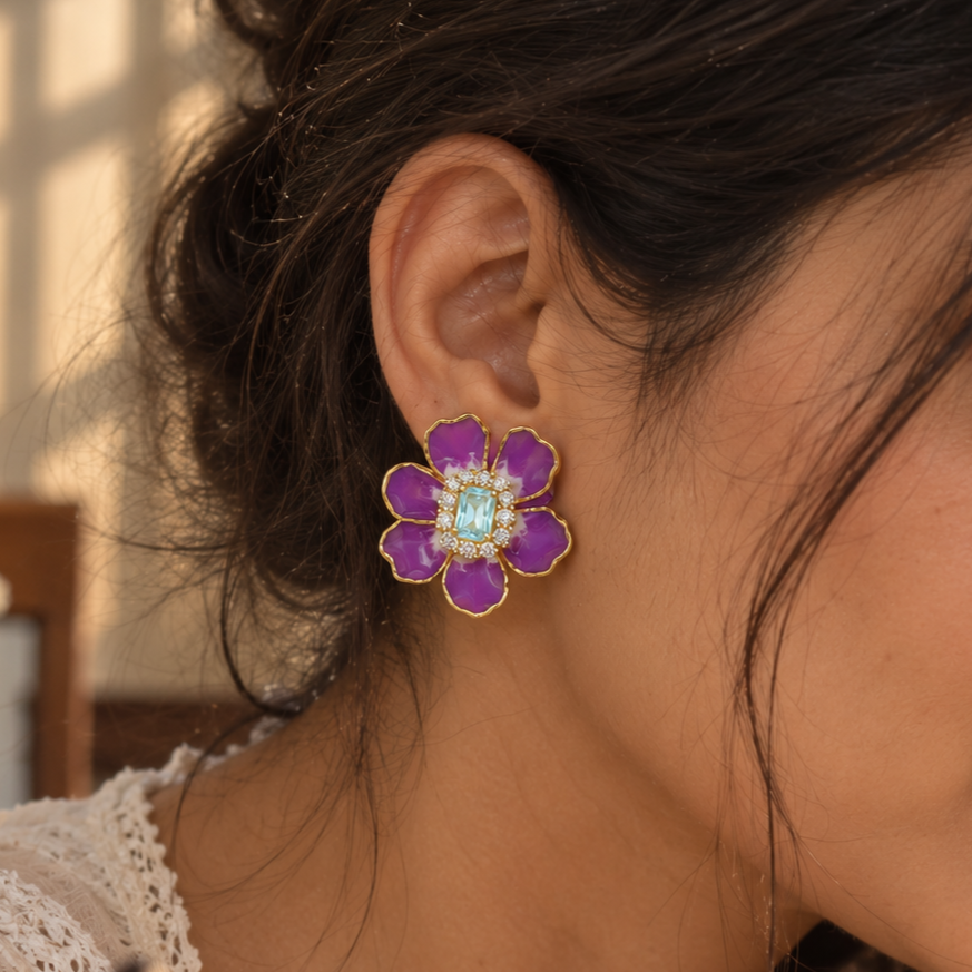 925 Silver Purple Flower Stud Earrings for Women