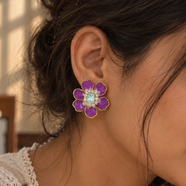 Purple Floral Enamel Flower Stud Earrings
