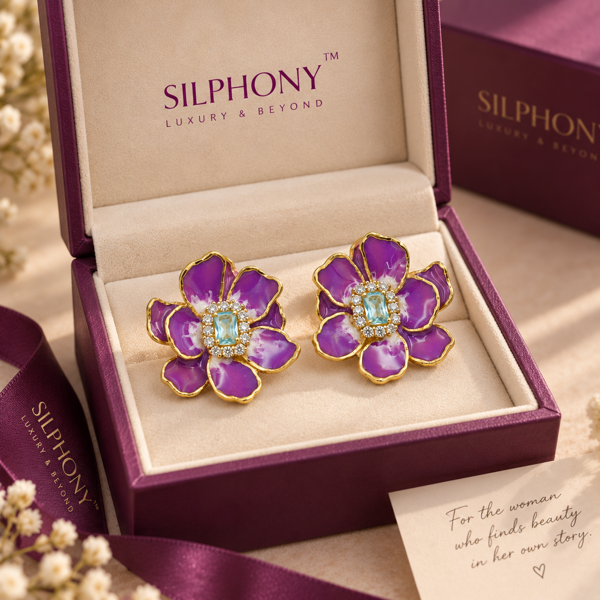 925 Silver Purple Flower Stud Earrings for Women