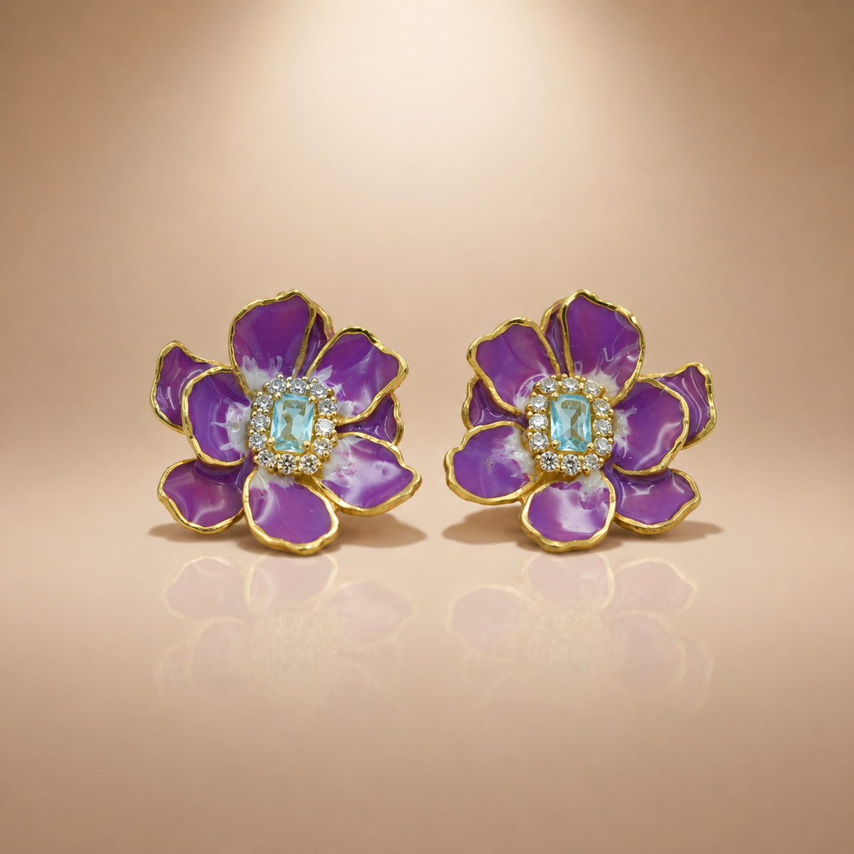 Purple Floral Enamel Flower Stud Earrings