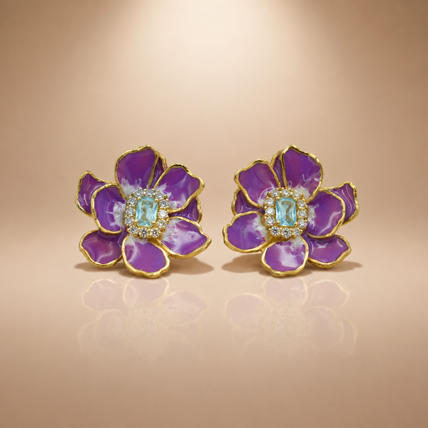 Purple Floral Enamel Flower Stud Earrings