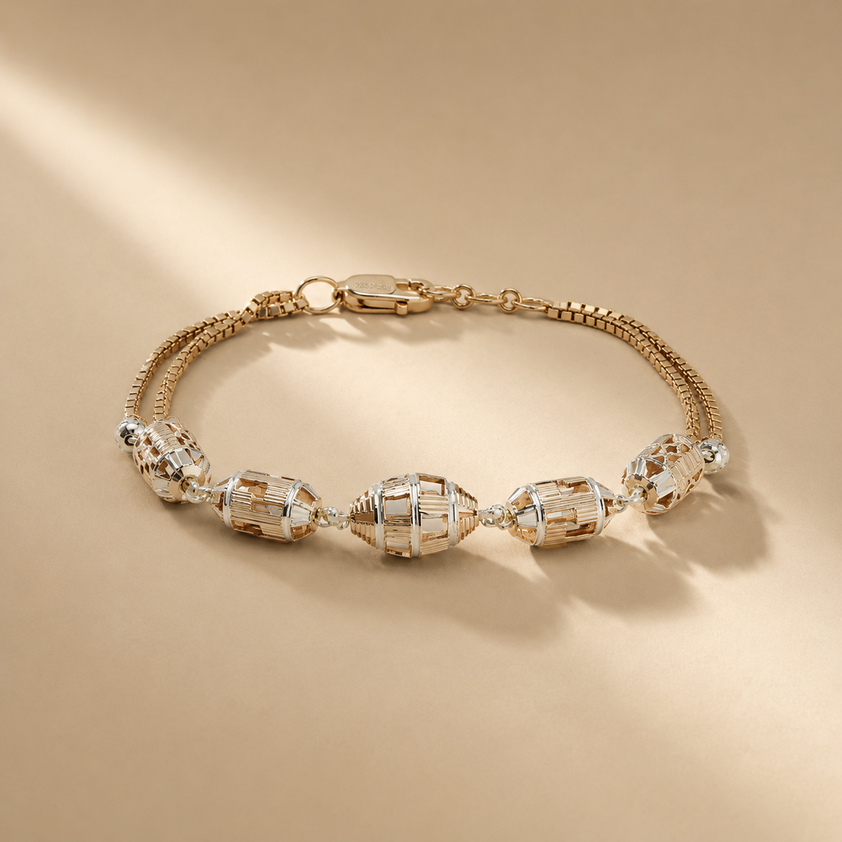 925 Sterling Silver Intricate Sculpted Barrel Beads Bracelet For Women