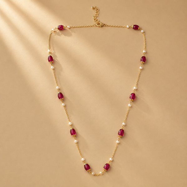 925 Sterling Silver Ruby & Pearl Long Statement Chain