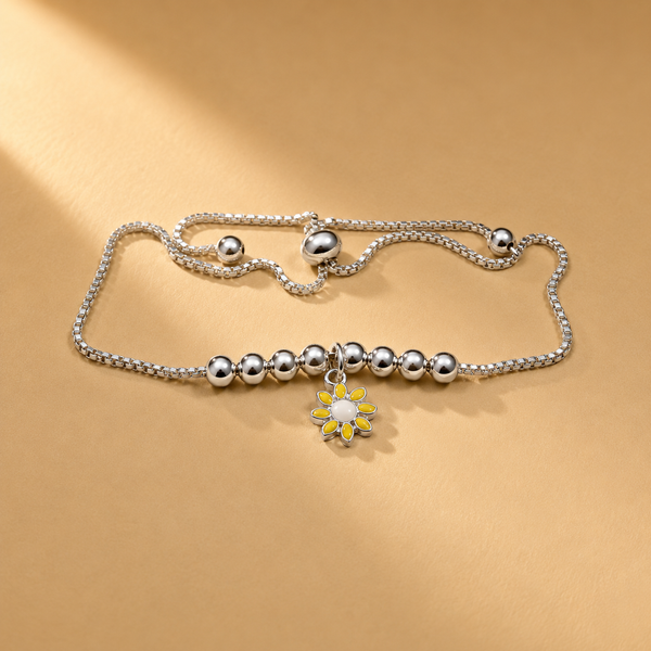Floral Sunflower 925 Sterling Silver with Beaded Detail Bracelet for Women