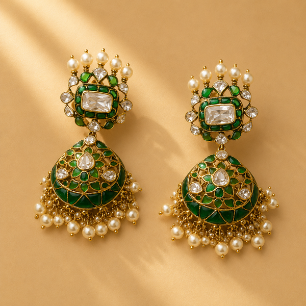 925 Sterling Silver Green Enamel, Polki & Moissanite Statement Jhumka Earrings