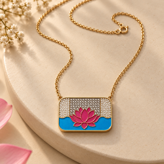 Lotus Pendant Necklace with Enamel & Gemstone Detailing | Pink Lotus Water Design | 20 Inch Chain | 925 Silver Hallmarked