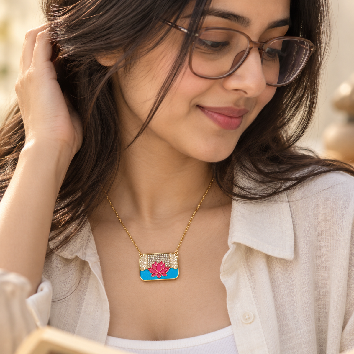 Lotus Enamel Pendant With Chain