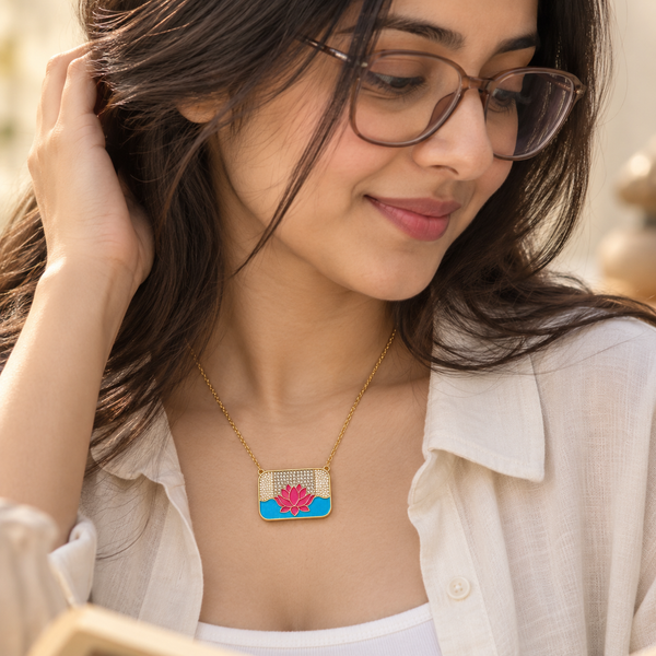 Lotus Pendant Necklace with Enamel & Gemstone Detailing | Pink Lotus Water Design | 20 Inch Chain | 925 Silver Hallmarked