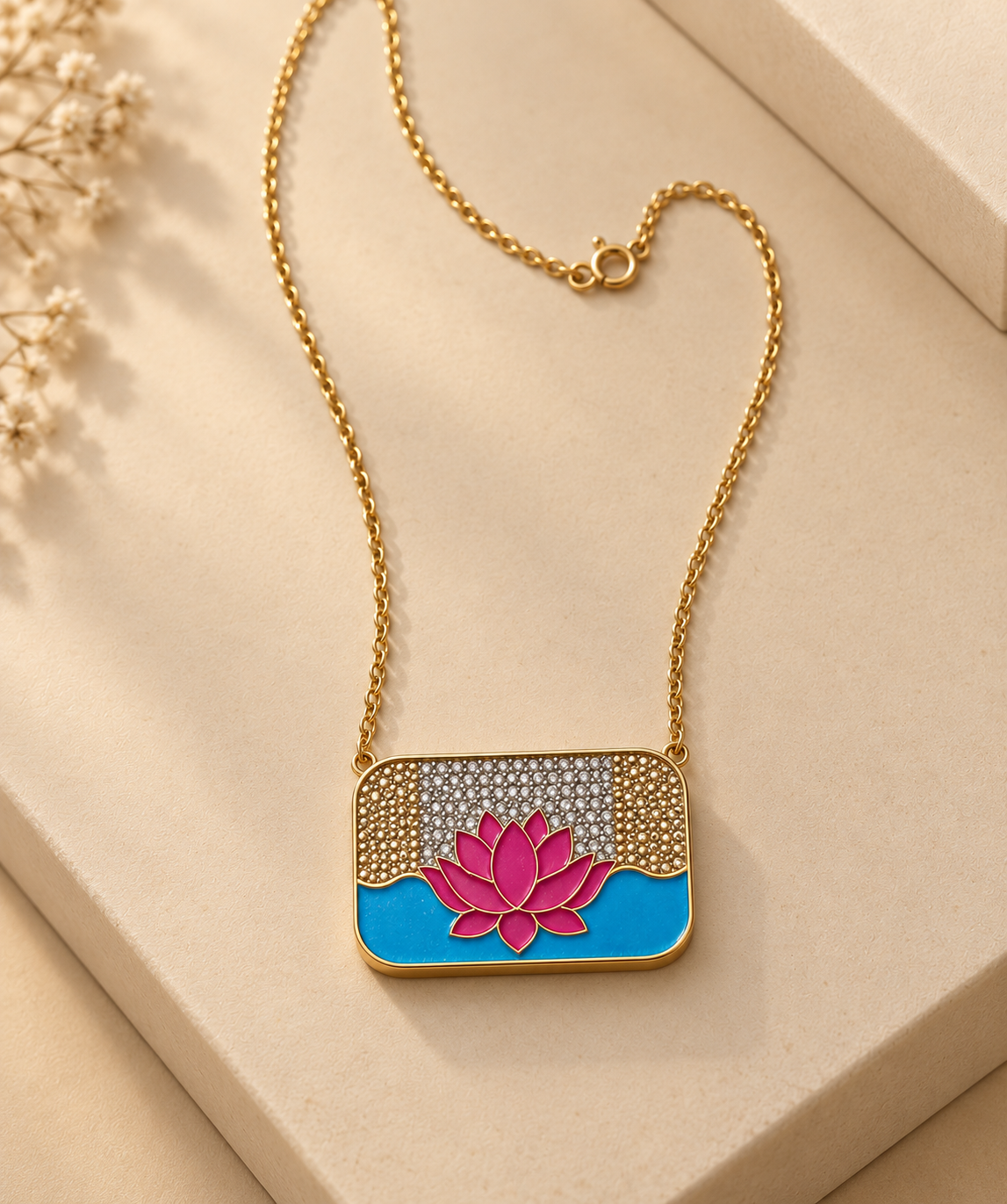 Lotus Enamel Pendant With Chain