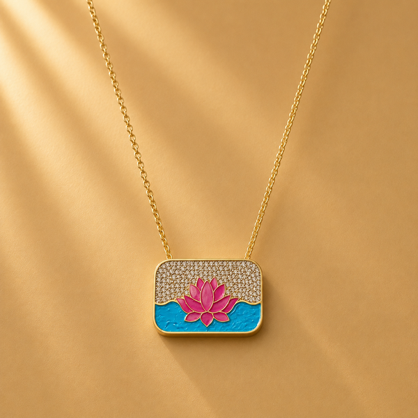 Lotus Pendant Necklace with Enamel & Gemstone Detailing | Pink Lotus Water Design | 20 Inch Chain | 925 Silver Hallmarked