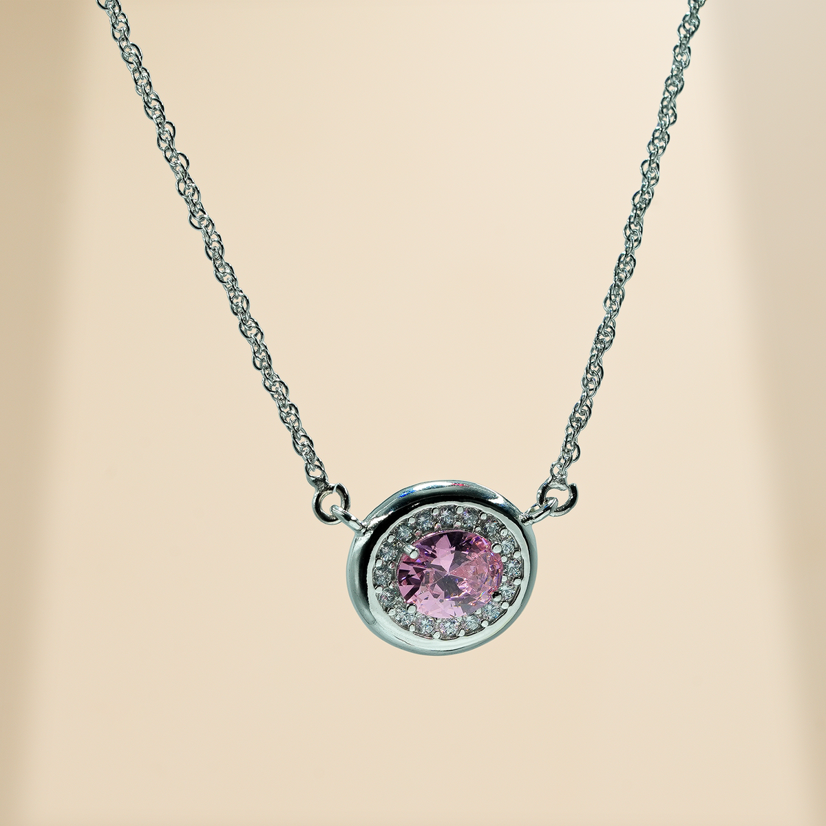 925 Sterling Silver Pink Quartz & Moissanite Chain Pendant for Women
