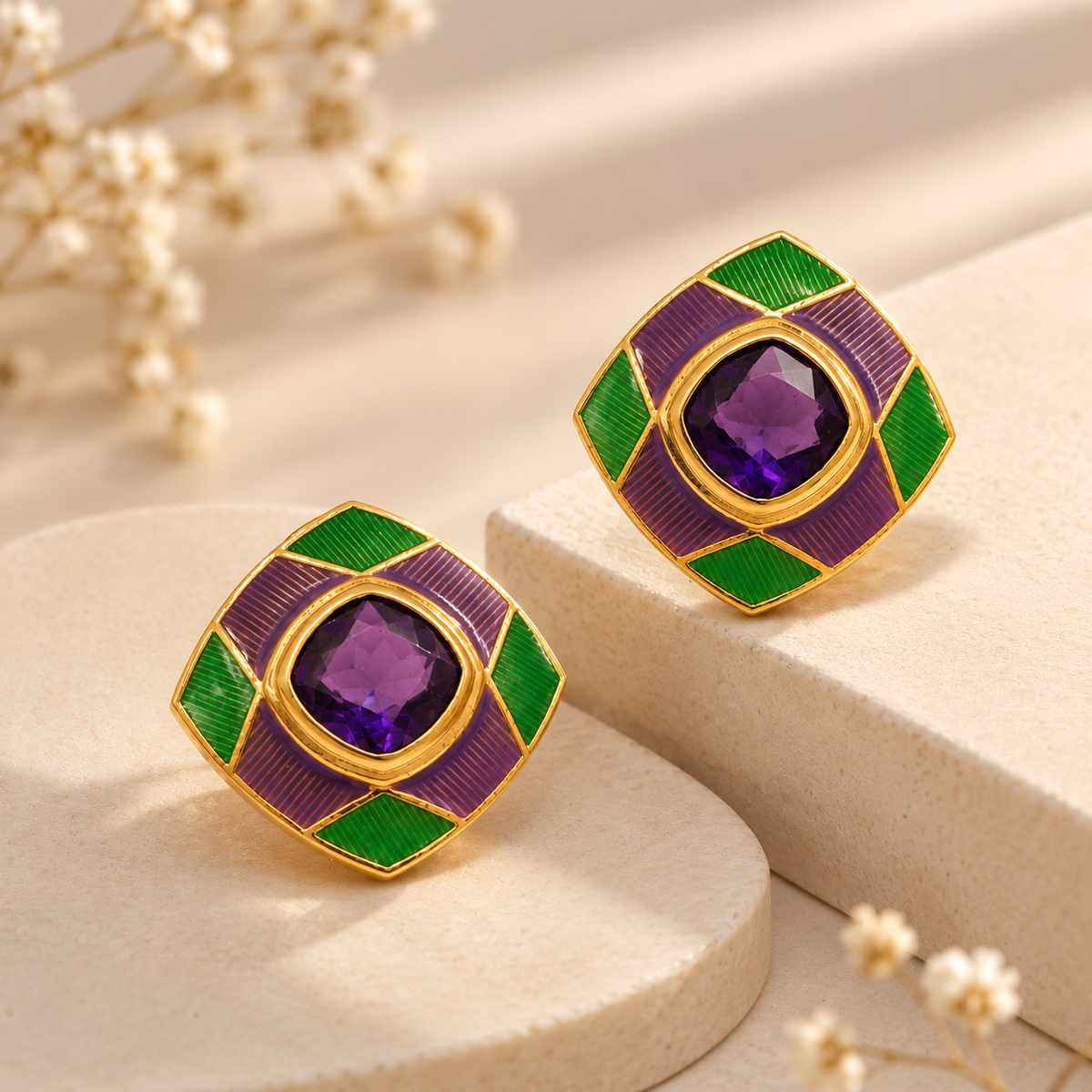 One-of-One 92.5 Silver Amethyst Enamel Square Stud Earrings