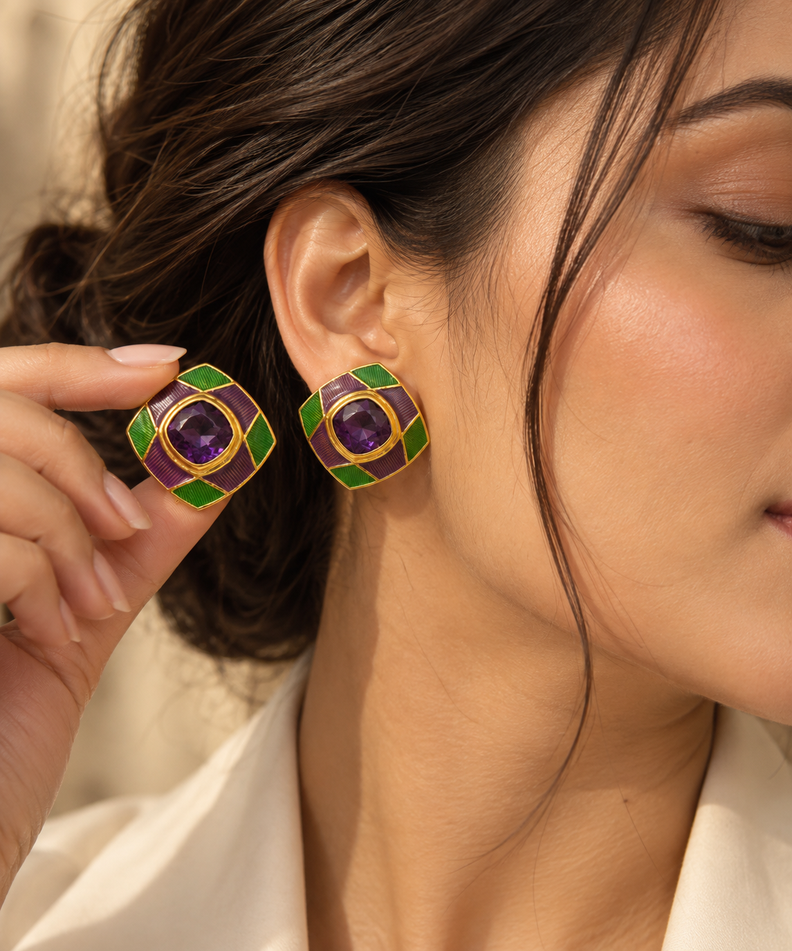 One-of-One 92.5 Silver Amethyst Enamel Square Stud Earrings