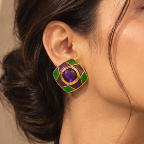 One-of-One 92.5 Silver Amethyst Enamel Square Stud Earrings