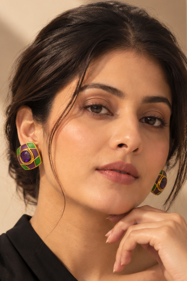 One-of-One 92.5 Silver Amethyst Enamel Square Stud Earrings