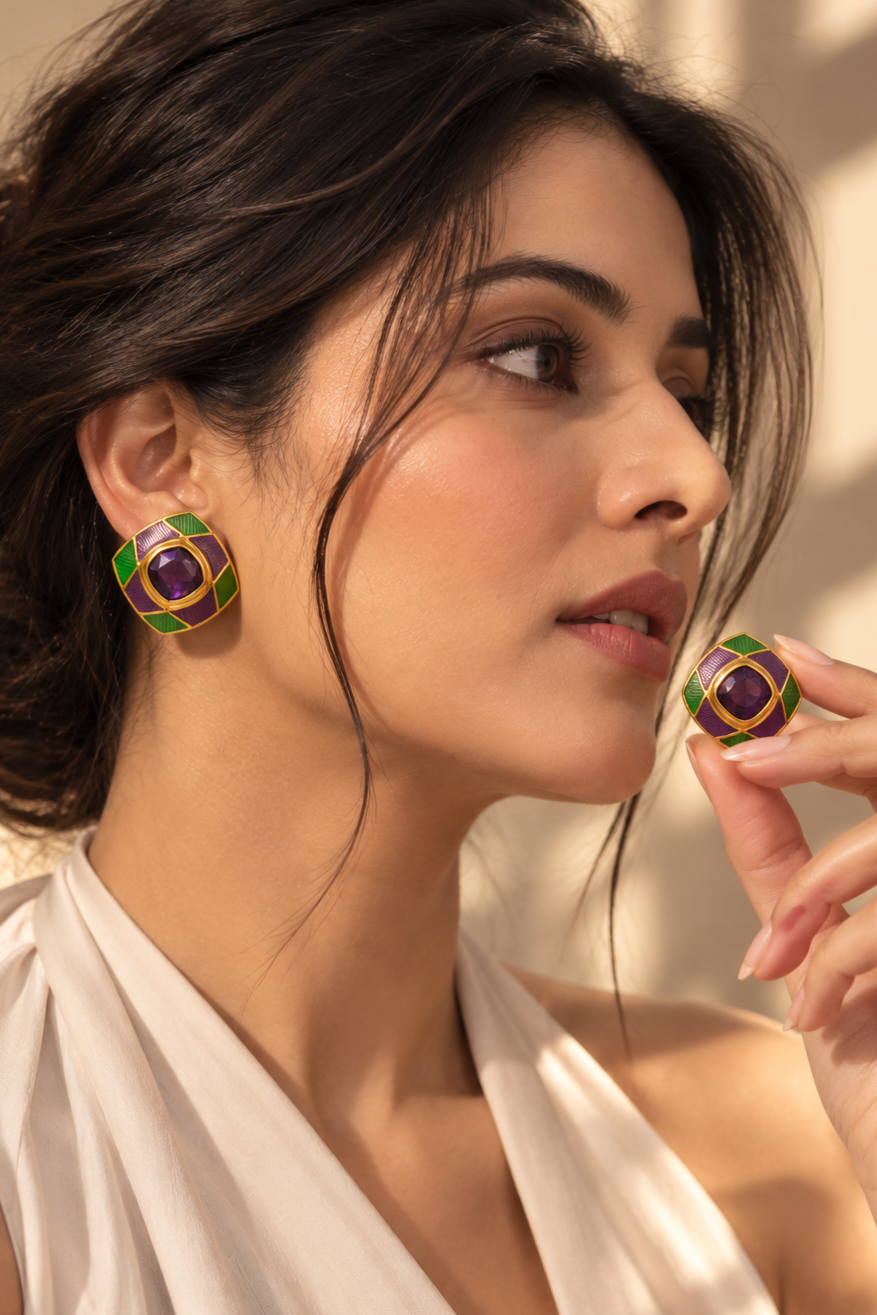 One-of-One 92.5 Silver Amethyst Enamel Square Stud Earrings