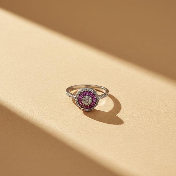 925 Silver Light Ruby Moissanite Round Ring