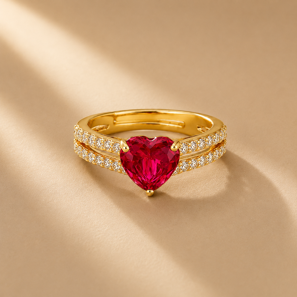 925 Sterling Silver Heart-Shaped Red Gemstone & Moissanite Ring