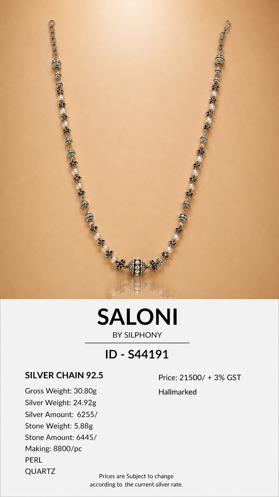 Oxidized Silver Pendant with Pearl Moissanite Quartz Chain