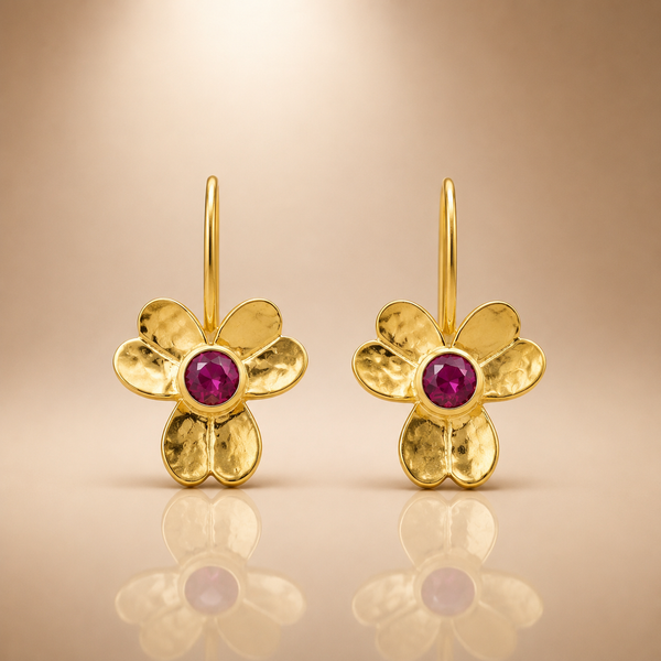 925 Silver Gold Plated Light Ruby Floral Drop Earrings