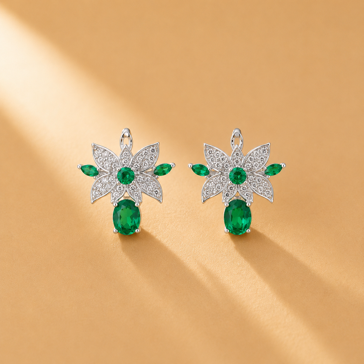925 Sterling Silver Green Quartz & Moissanite Floral Drop Earrings