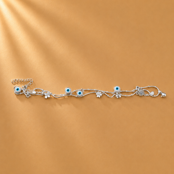 925 Sterling Silver Evil Eye & Floral Anklet