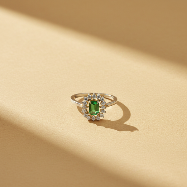 925 Silver Emerald Doublet CZ Flower Halo Ring