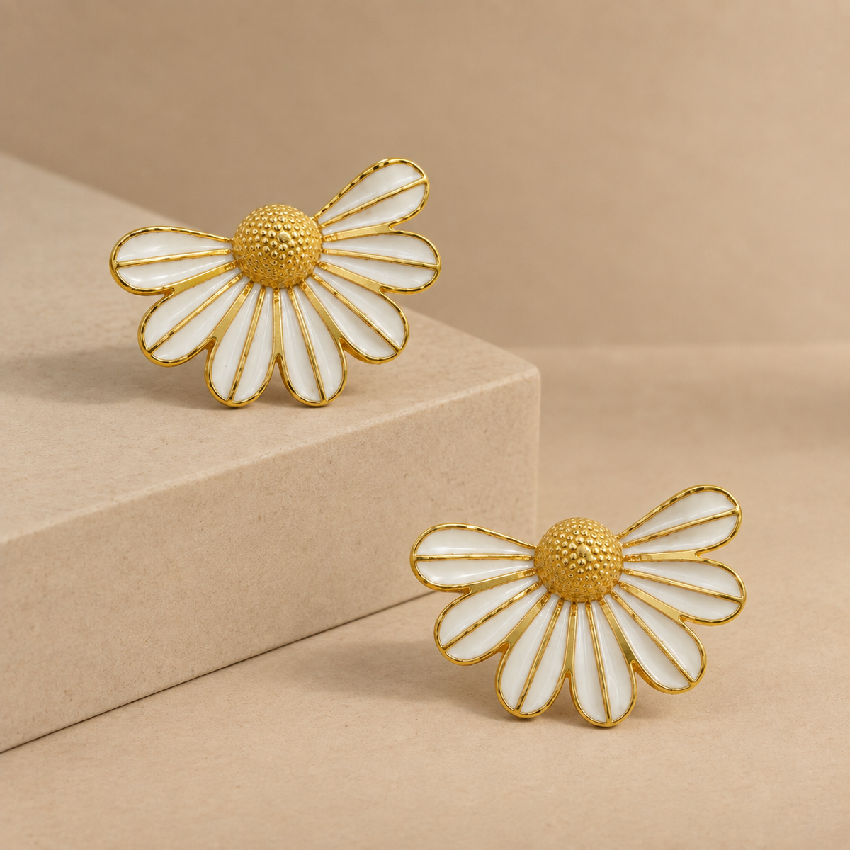 White Enamel Daisy Flower Earrings
